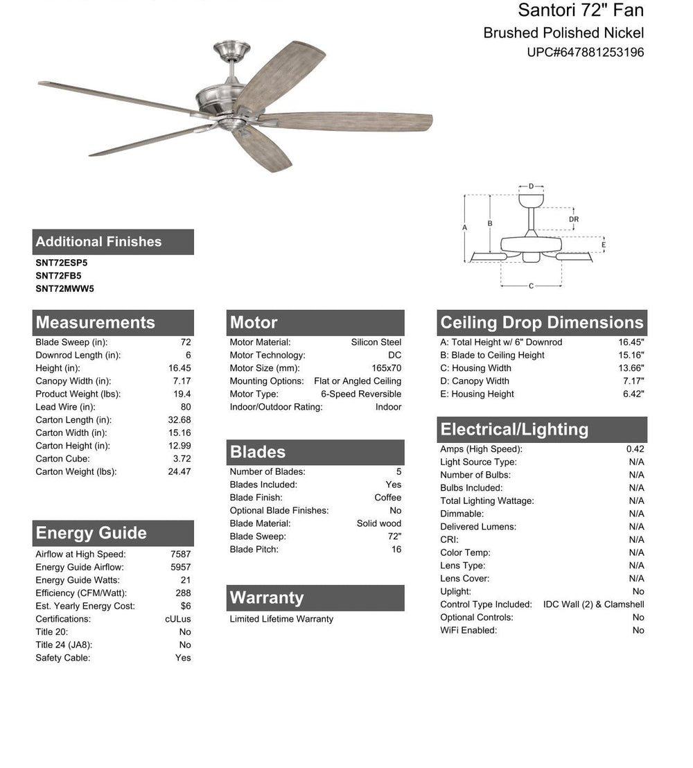 CRAFTMADE 72" Santori in Brushed Polished Nickel w/ Coffee Blades