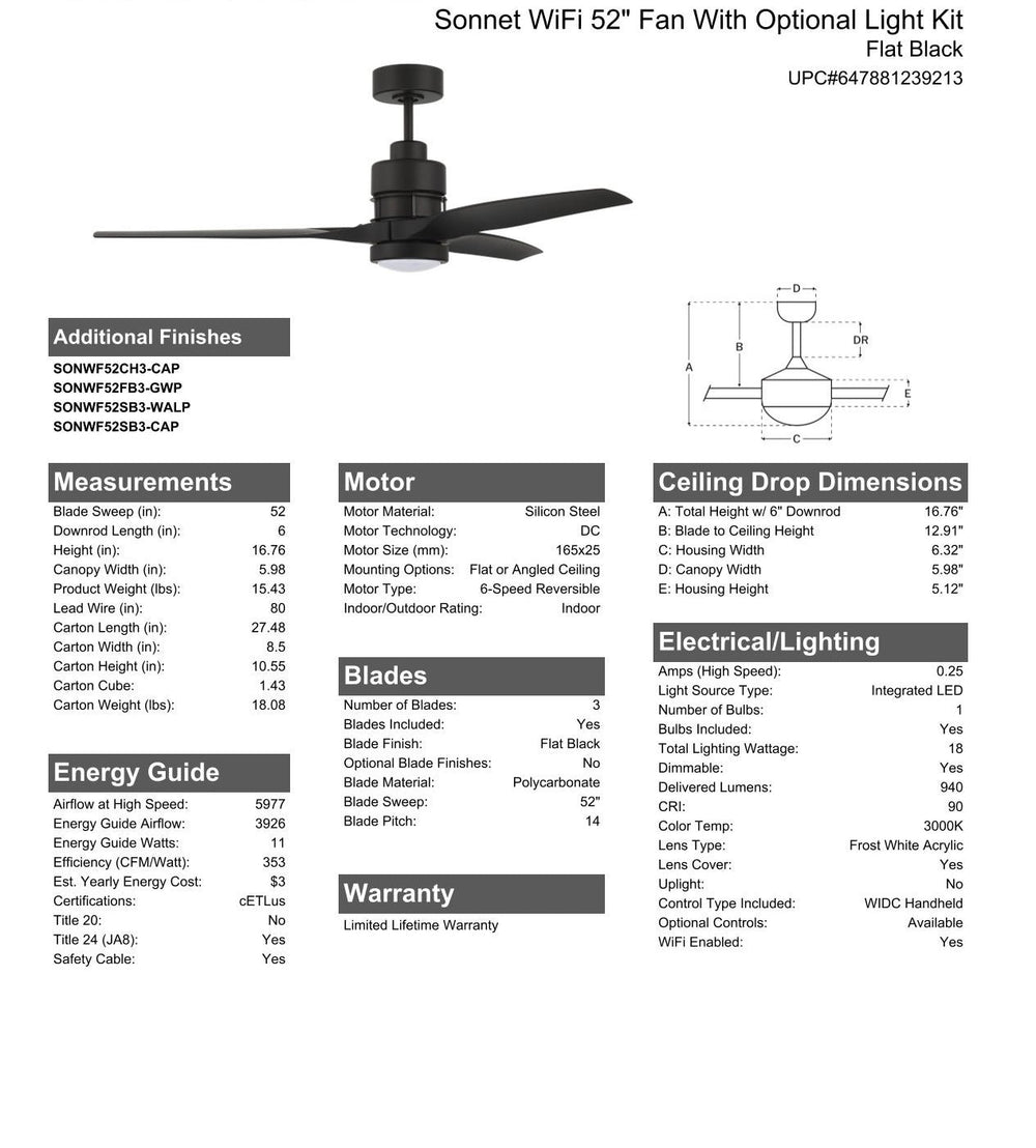 CRAFTMADE 52" Sonnet WiFi in Flat Black  w/ Flat Black Blades