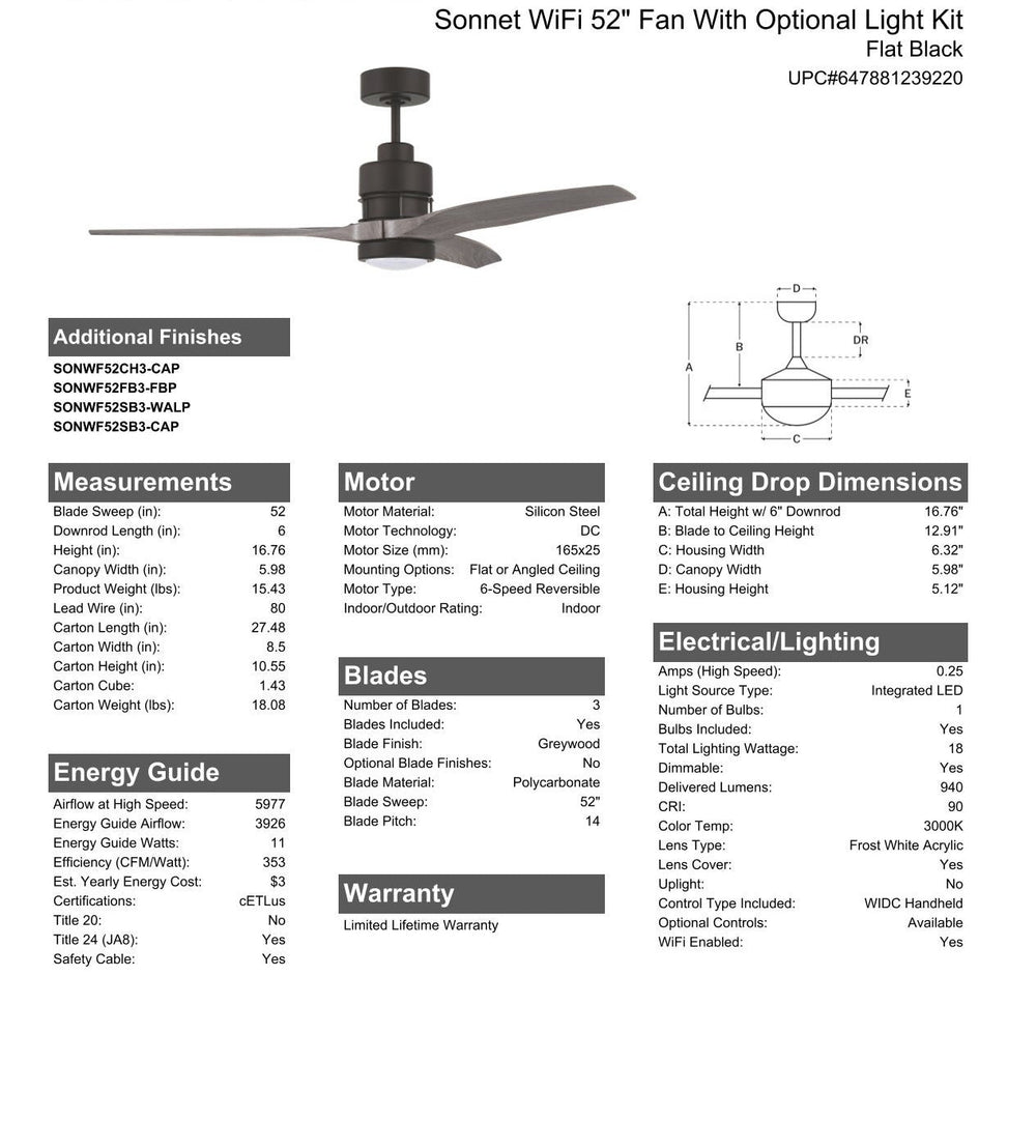 CRAFTMADE 52" Sonnet WiFi in Flat Black  w/ Greywood Blades