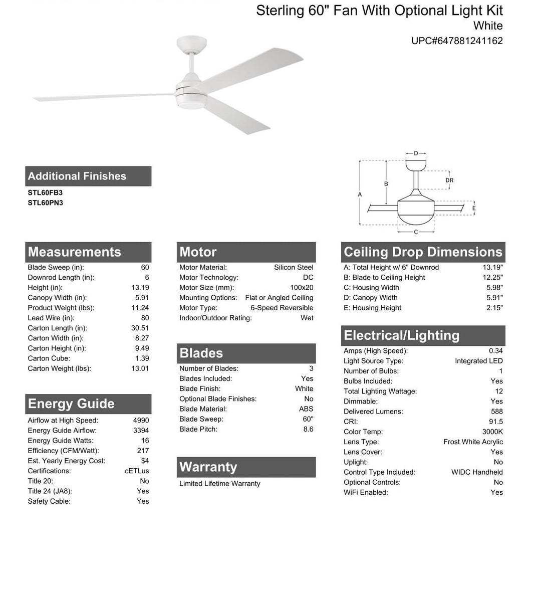 CRAFTMADE 60" Sterling in White w/ White Blades