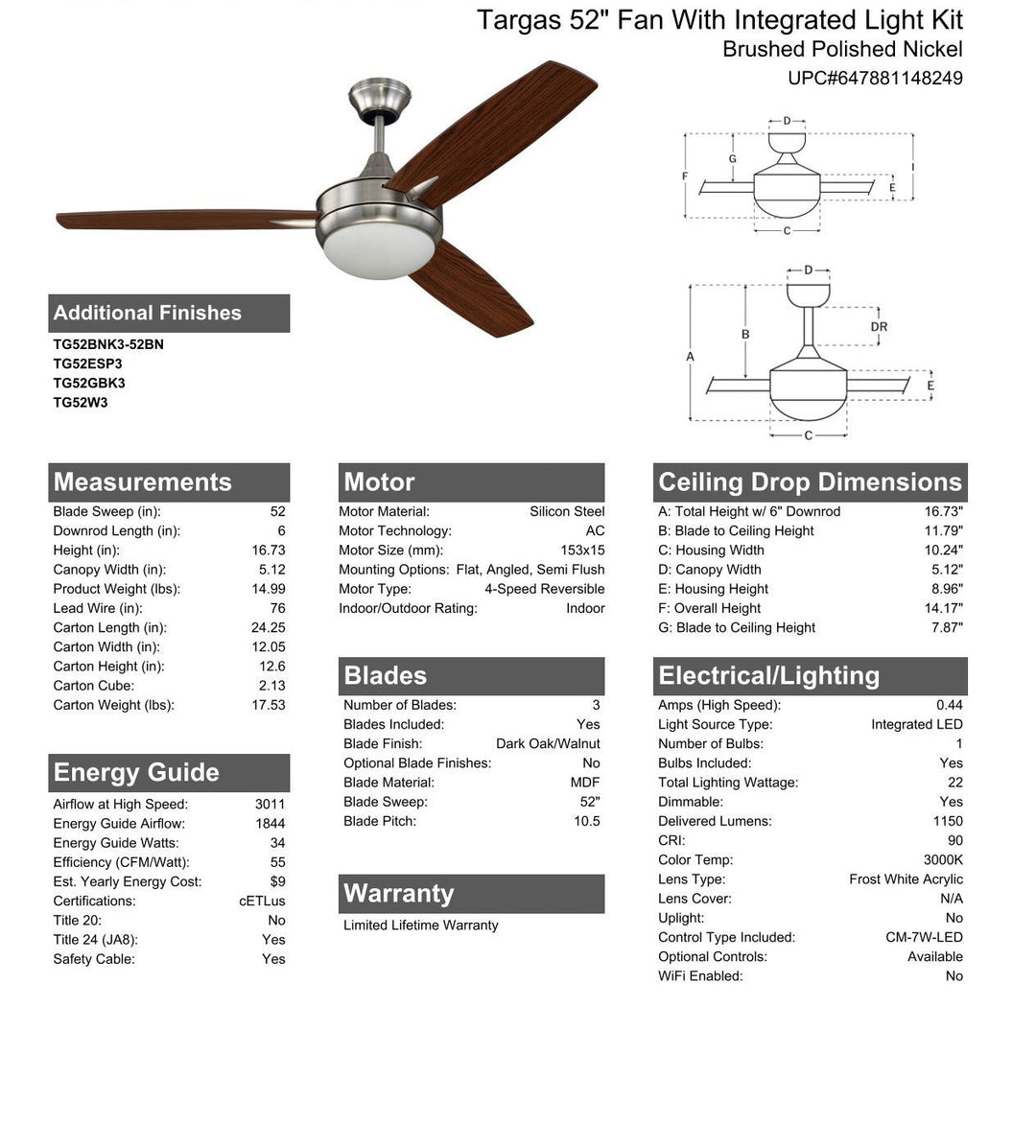 CRAFTMADE 52" Targas in Brushed Polished Nickel w/ Dark Oak/Walnut Blades