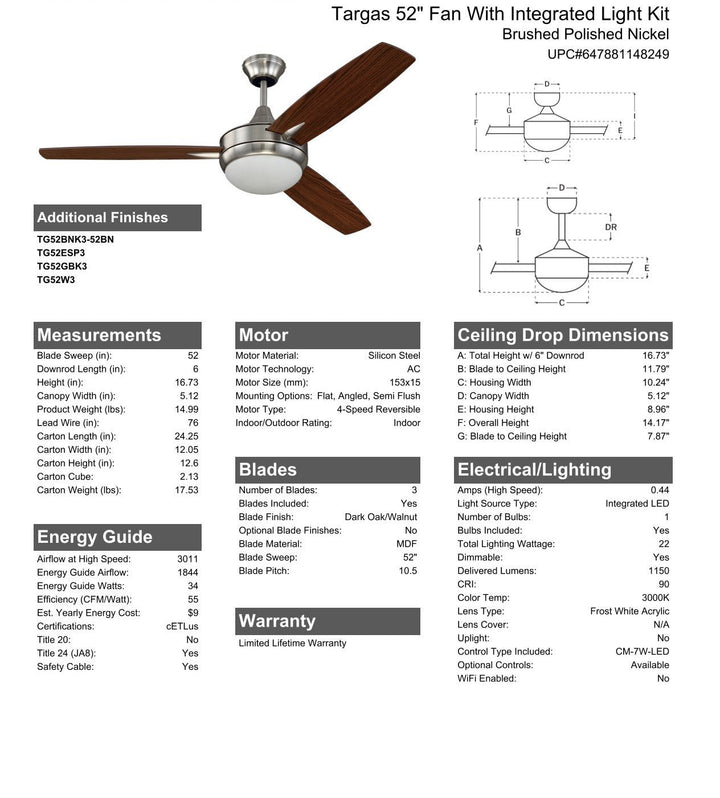 CRAFTMADE 52" Targas in Brushed Polished Nickel w/ Dark Oak/Walnut Blades