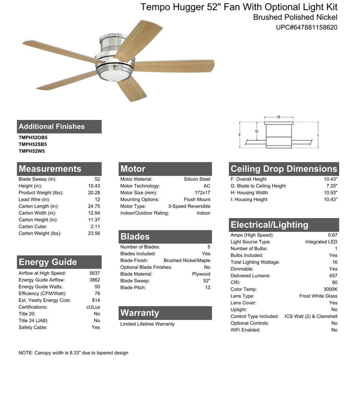 CRAFTMADE 52" Tempo Hugger in Brushed Polished Nickel w/ Brushed Nickel/Maple Blades