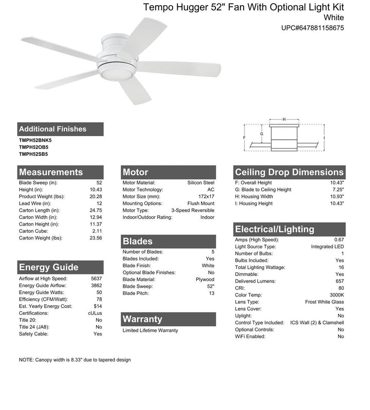 CRAFTMADE 52" Tempo Hugger in White w/ White Blades