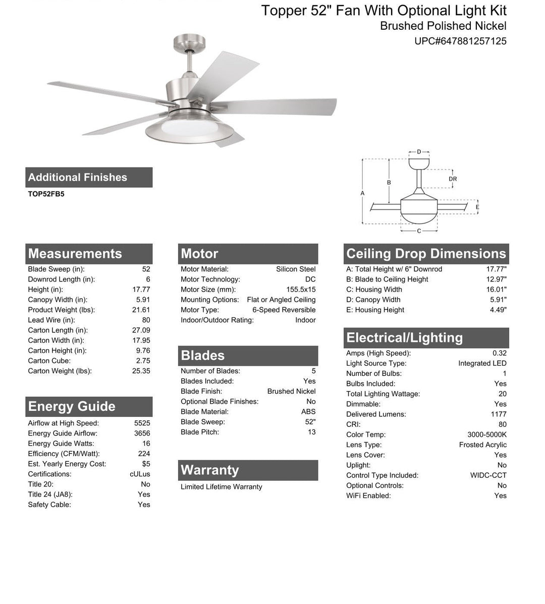 CRAFTMADE 52" Topper in Brushed Polished Nickel w/ Brushed Nickel Blades