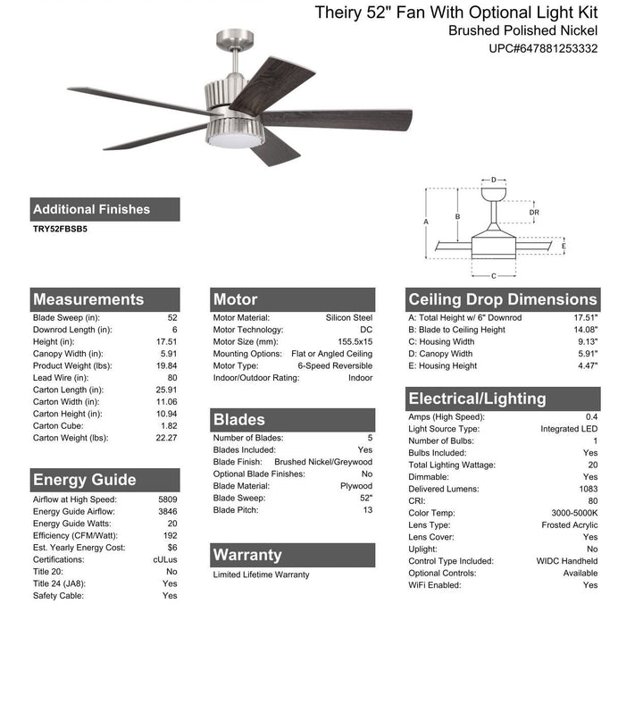 CRAFTMADE 52" Theiry in Brushed Polished Nickel w/ Brushed Nickel/Greywood Blades