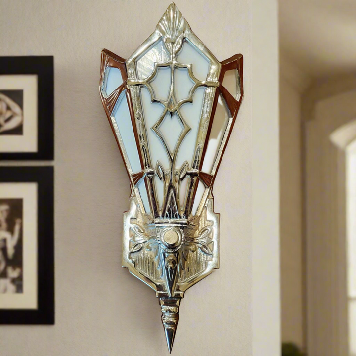 14 Inch Art Deco Stained Glass Shade White Opalescent Wall Sconce in Polished Chrome COPPER MOUNTAIN HARDWARE