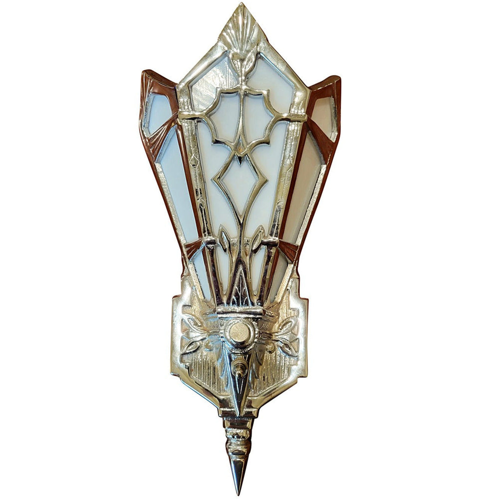 14 Inch Art Deco Stained Glass Shade White Opalescent Wall Sconce in Polished Chrome COPPER MOUNTAIN HARDWARE