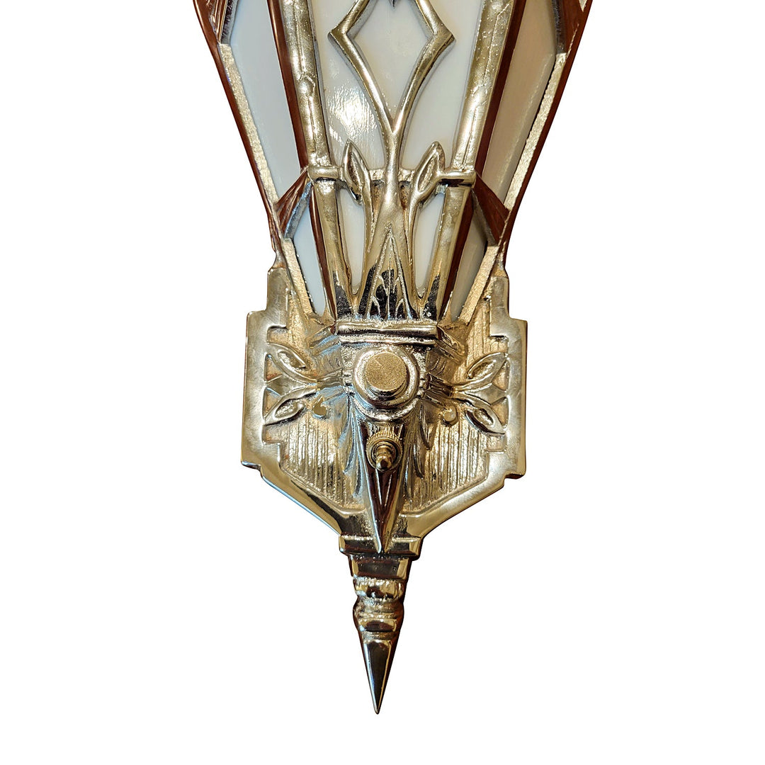 14 Inch Art Deco Stained Glass Shade White Opalescent Wall Sconce in Polished Chrome COPPER MOUNTAIN HARDWARE