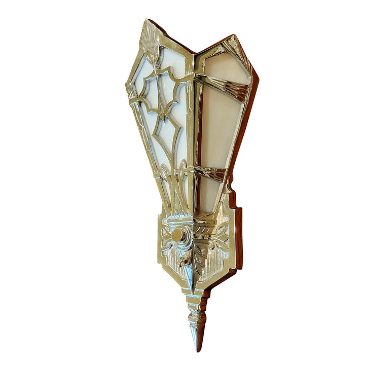 14 Inch Art Deco Stained Glass Shade White Opalescent Wall Sconce in Polished Chrome COPPER MOUNTAIN HARDWARE