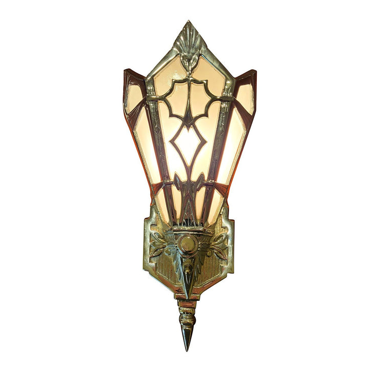 14 Inch Art Deco Stained Glass Shade White Opalescent Wall Sconce in Polished Chrome COPPER MOUNTAIN HARDWARE