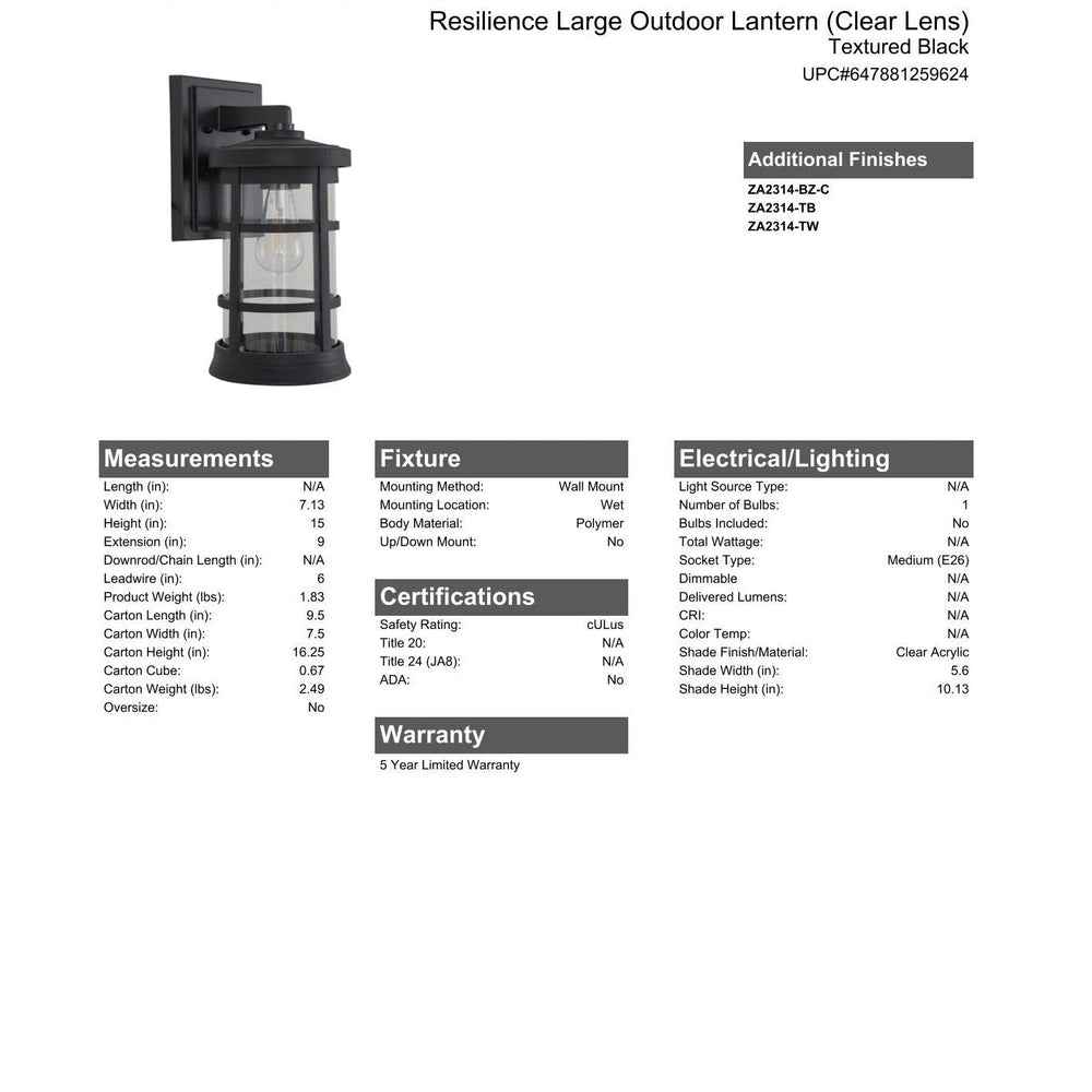 CRAFTMADE Resilience Large Outdoor Lantern in Textured Black, Clear Lens