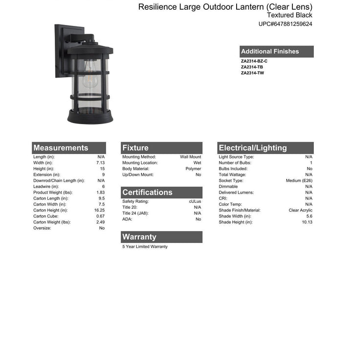 CRAFTMADE Resilience Large Outdoor Lantern in Textured Black, Clear Lens