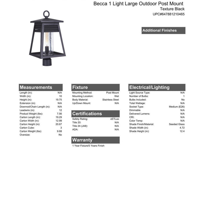 CRAFTMADE Becca 1 Light Large Outdoor Post Mount in Texture Black