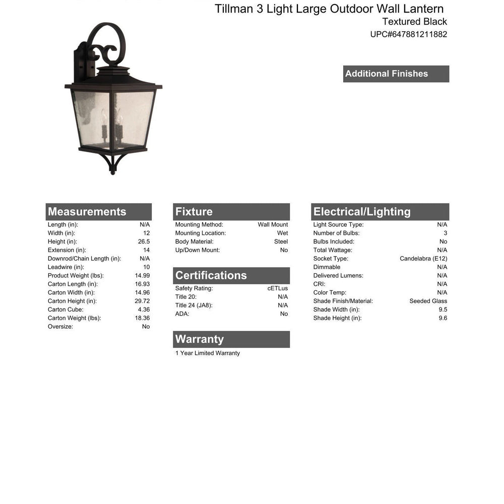 CRAFTMADE Tillman 3 Light Large Outdoor Wall Lantern in Textured Black