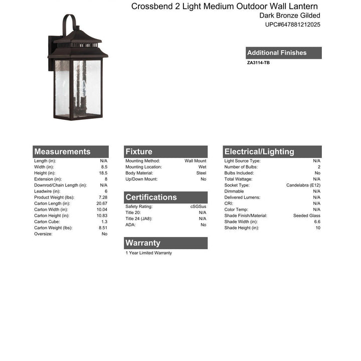 CRAFTMADE Crossbend 2 Light Medium Outdoor Wall Lantern in Dark Bronze Gilded