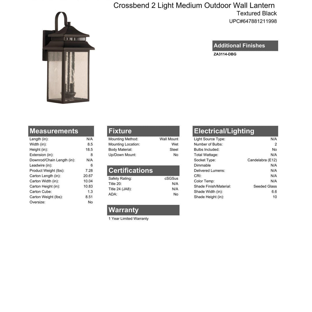 CRAFTMADE Crossbend 2 Light Medium Outdoor Wall Lantern in Textured Black