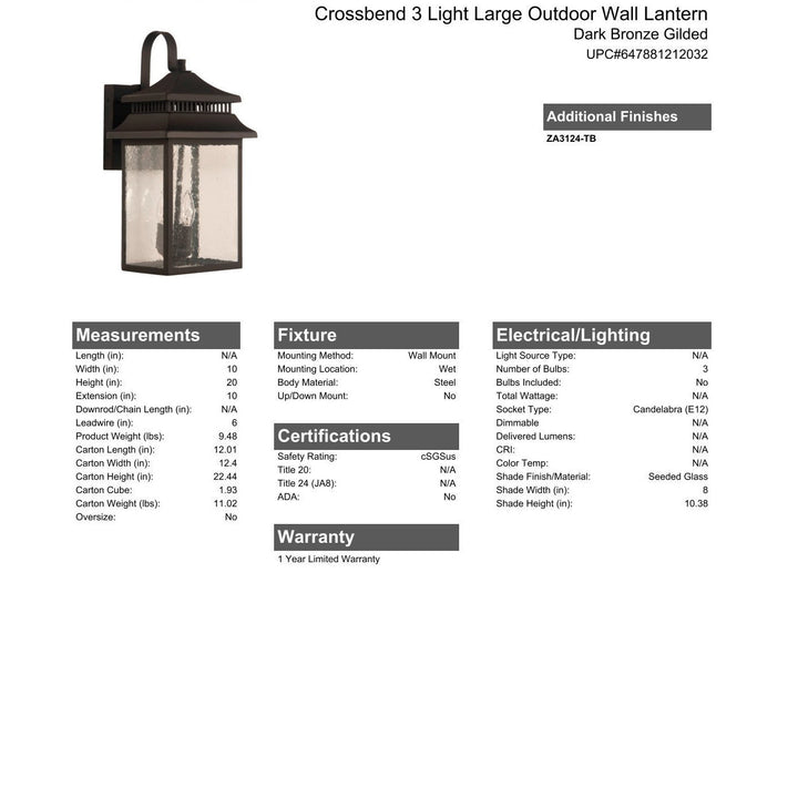 CRAFTMADE Crossbend 3 Light Large Outdoor Wall Lantern in Dark Bronze Gilded