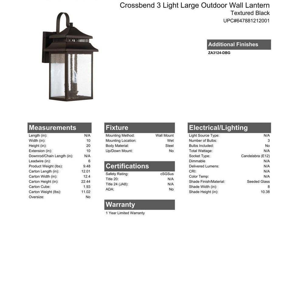 CRAFTMADE Crossbend 3 Light Large Outdoor Wall Lantern in Textured Black