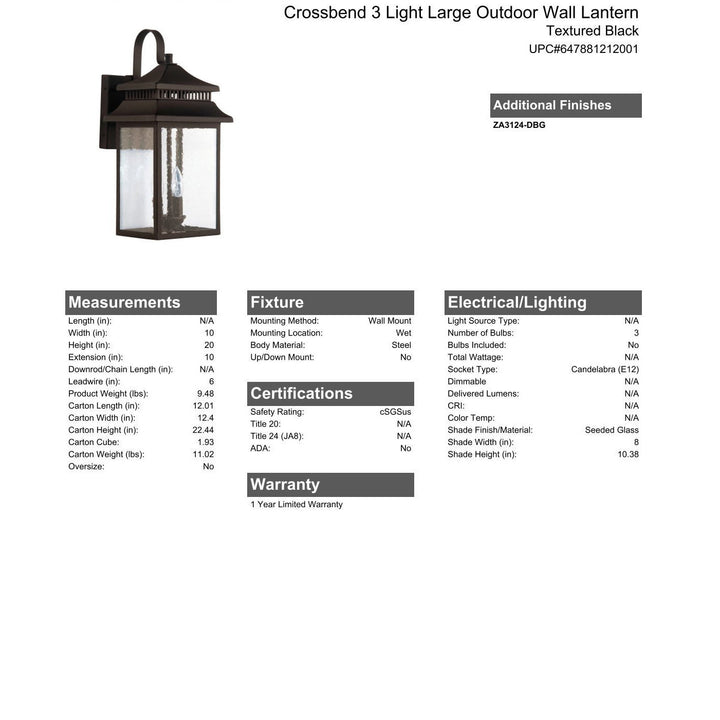 CRAFTMADE Crossbend 3 Light Large Outdoor Wall Lantern in Textured Black