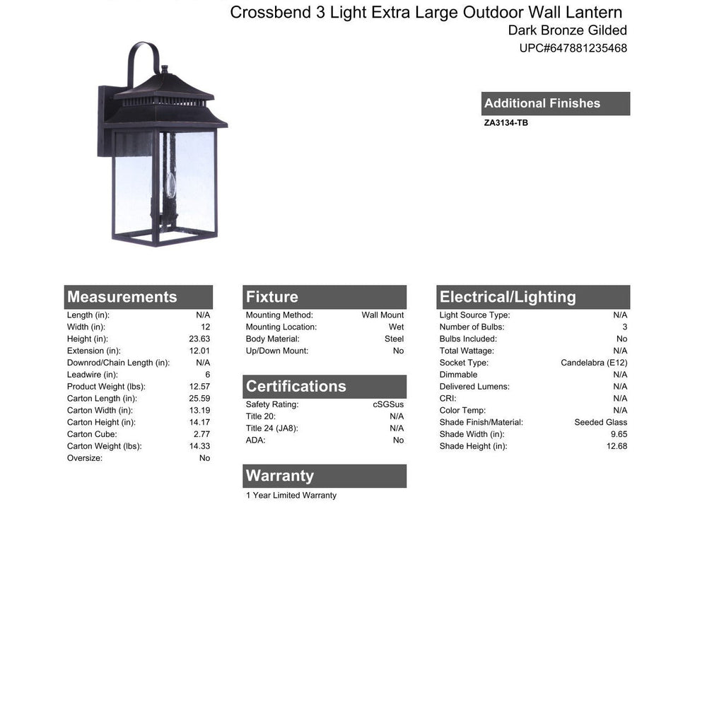 CRAFTMADE Crossbend 3 Light Extra Large Outdoor Wall Lantern in Dark Bronze Gilded