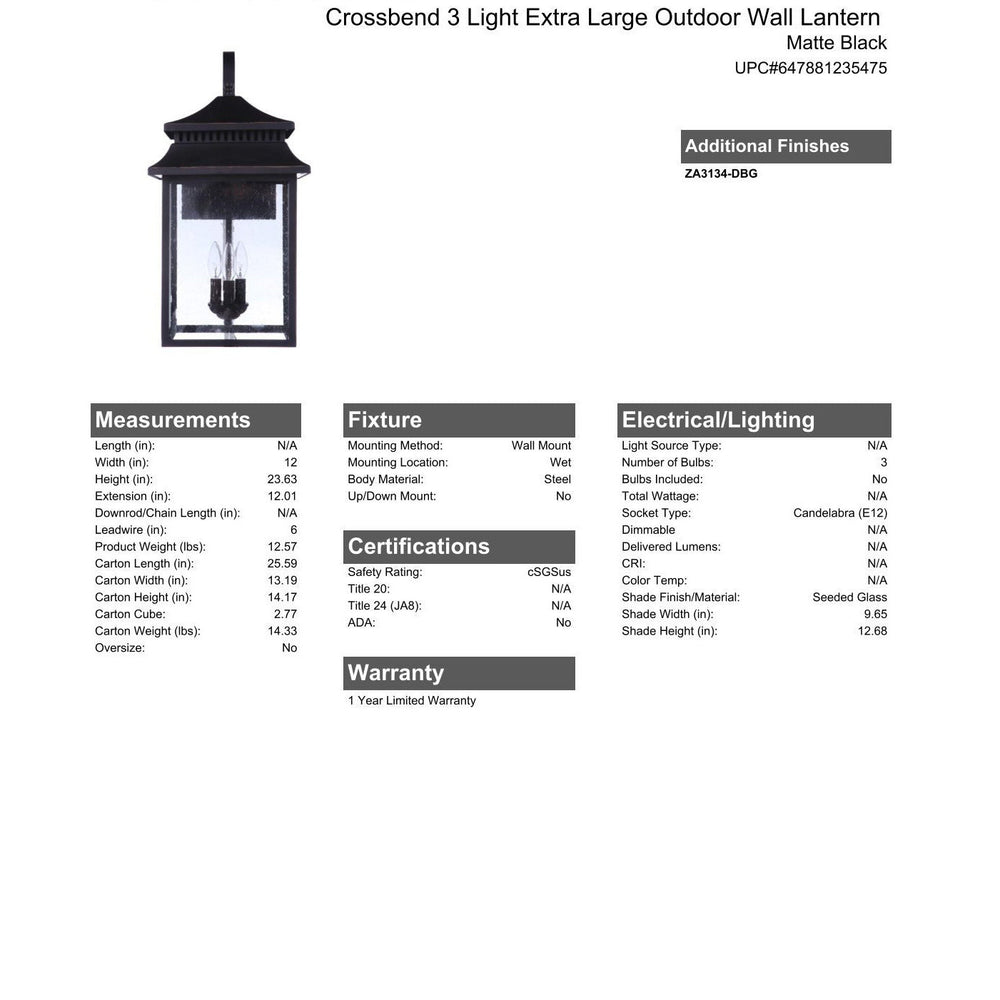 Crossbend 3 Light Extra Large Outdoor Wall Lantern in Textured Black CRAFTMADE