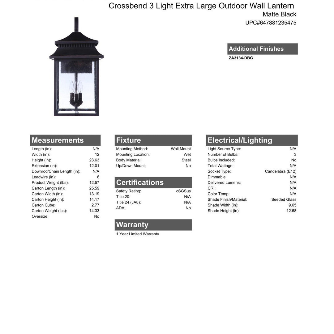 Crossbend 3 Light Extra Large Outdoor Wall Lantern in Textured Black CRAFTMADE