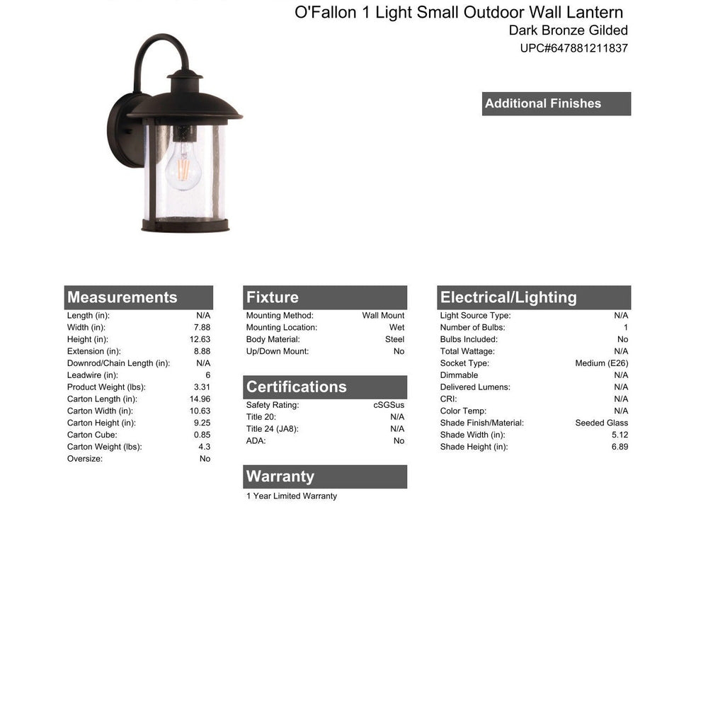 CRAFTMADE O'Fallon 1 Light Small Outdoor Wall Lantern in Dark Bronze Gilded