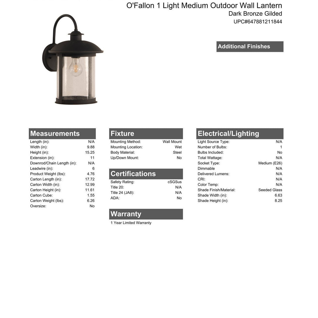 CRAFTMADE O'Fallon 1 Light Medium Outdoor Wall Lantern in Dark Bronze Gilded