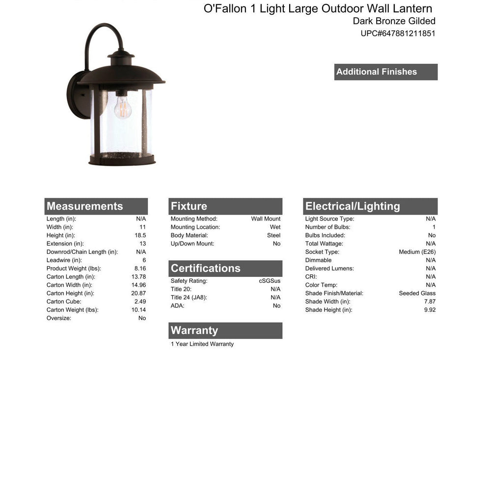 CRAFTMADE O'Fallon 1 Light Large Outdoor Wall Lantern in Dark Bronze Gilded