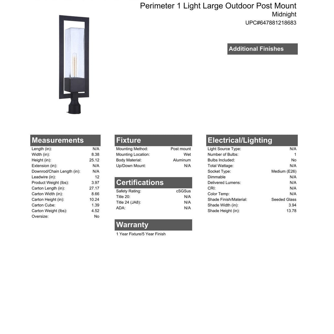 CRAFTMADE Perimeter 1 Light Large Outdoor Post Mount in Midnight