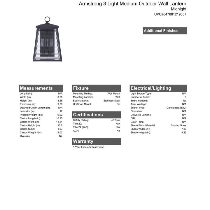 CRAFTMADE Armstrong 3 Light Medium Outdoor Wall Lantern in Midnight