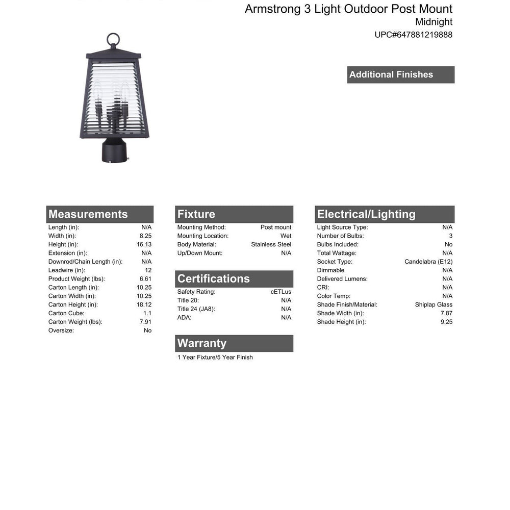 CRAFTMADE Armstrong 3 Light Outdoor Post Mount in Midnight