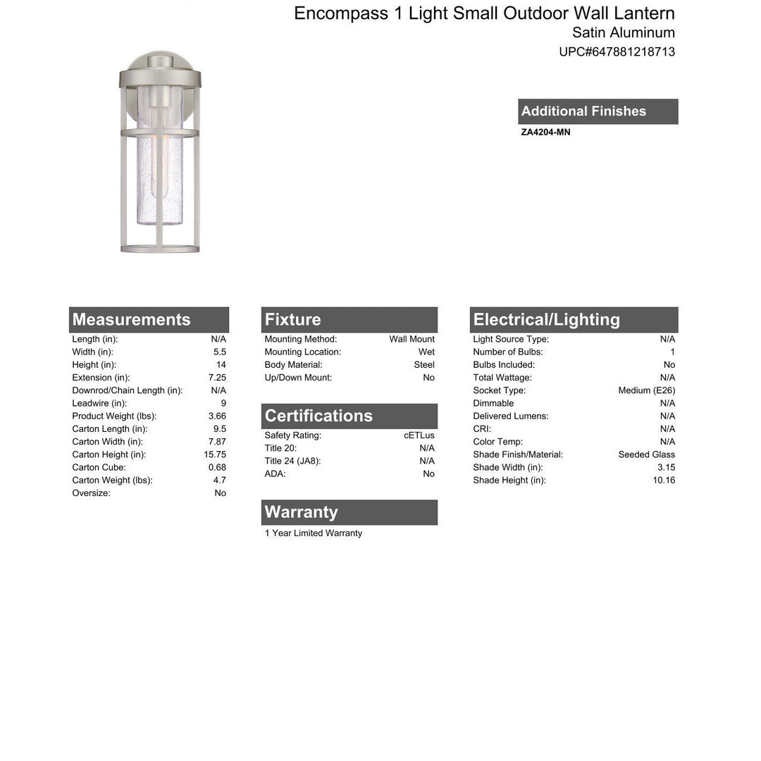 CRAFTMADE Encompass 1 Light Small Outdoor Wall Lantern in Satin Aluminum