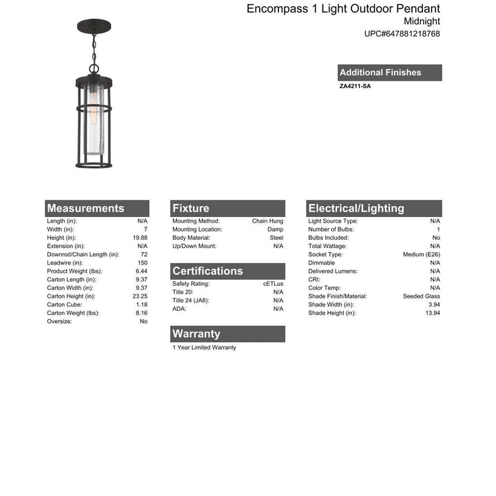 CRAFTMADE Encompass 1 Light Outdoor Pendant in Midnight