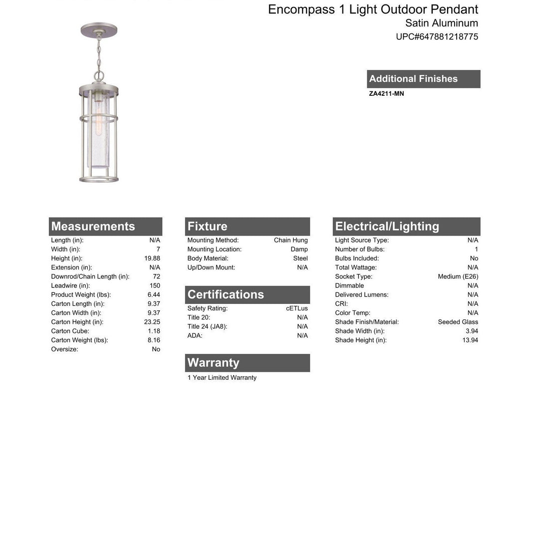 Encompass 1 Light Outdoor Pendant in Satin Aluminum CRAFTMADE