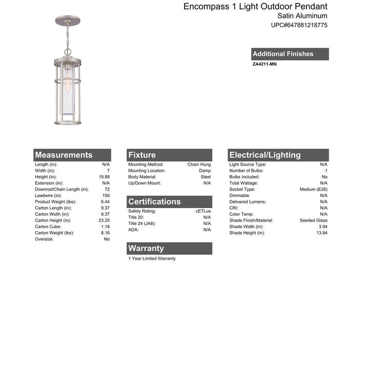 Encompass 1 Light Outdoor Pendant in Satin Aluminum CRAFTMADE