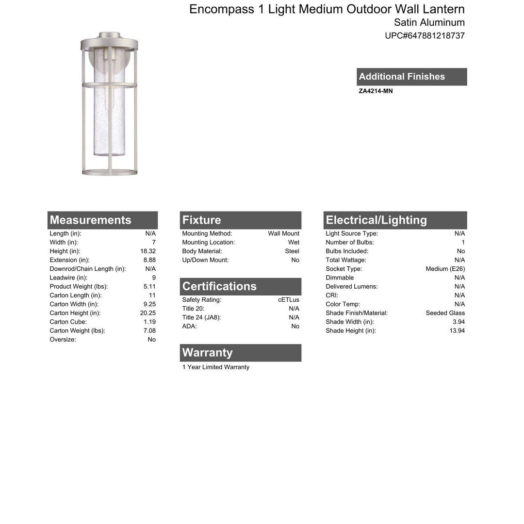 CRAFTMADE Encompass 1 Light Medium Outdoor Wall Lantern in Satin Aluminum