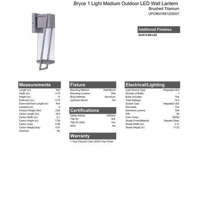 Bryce 1 Light Medium Outdoor LED Wall Lantern in Brushed Titanium