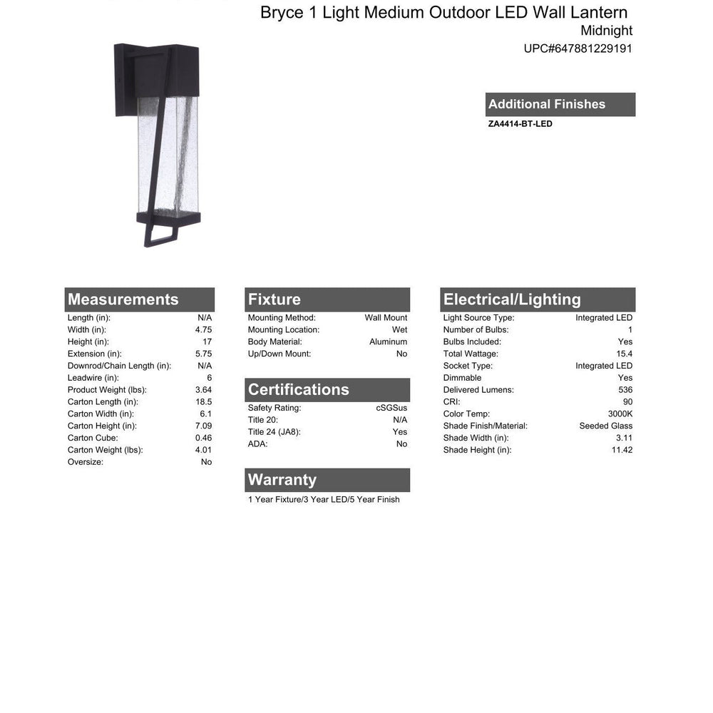 CRAFTMADE Bryce 1 Light Medium Outdoor LED Wall Lantern in Midnight