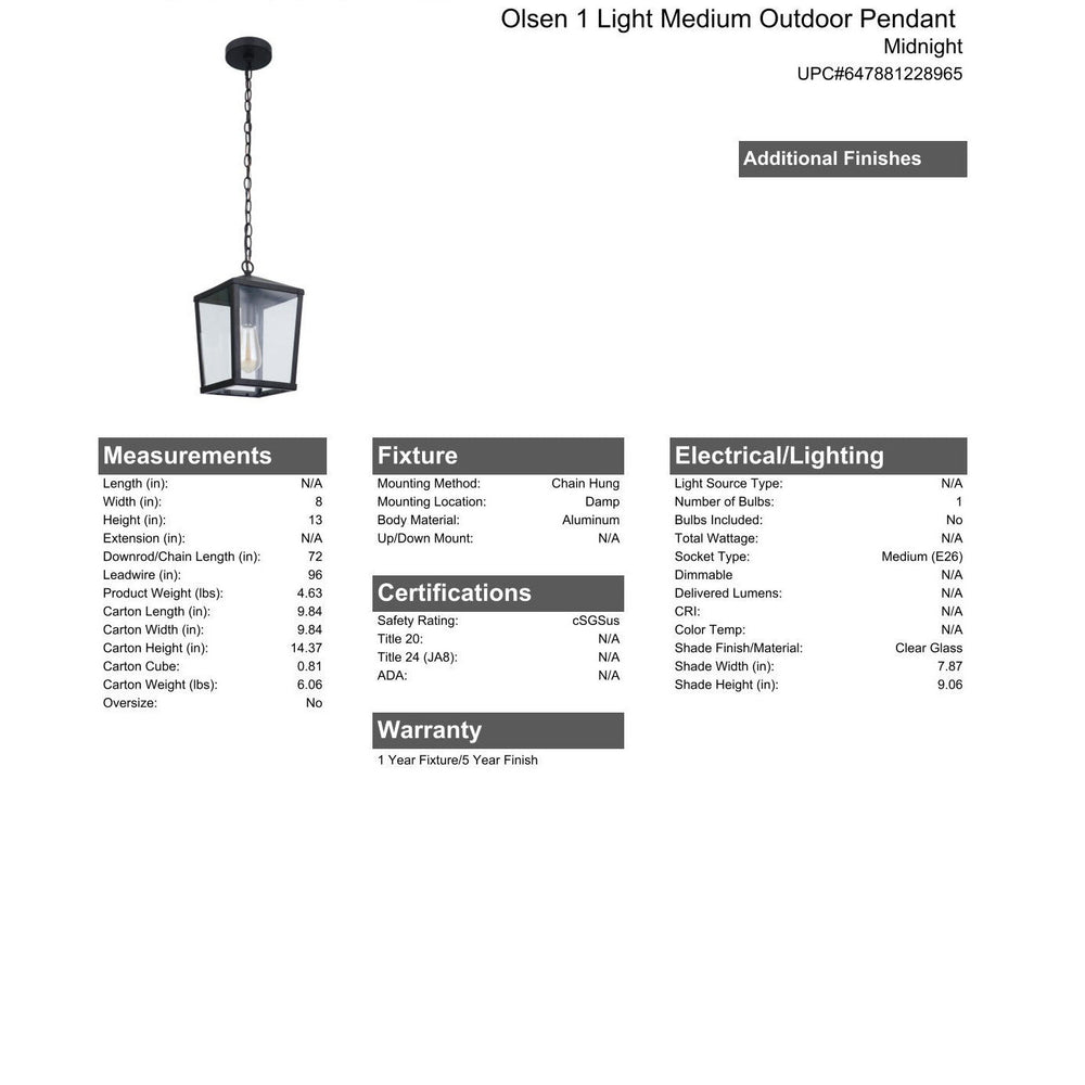 CRAFTMADE Olsen 1 Light Medium Outdoor Pendant in Midnight