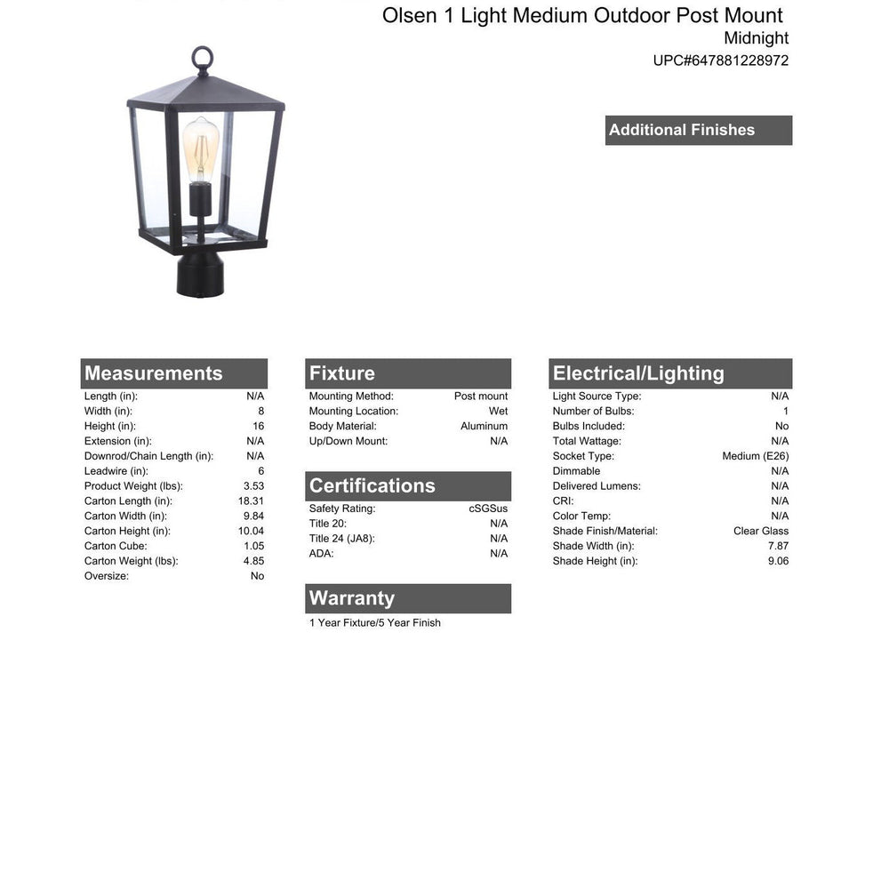 CRAFTMADE Olsen 1 Light Medium Outdoor Post Lantern in Midnight