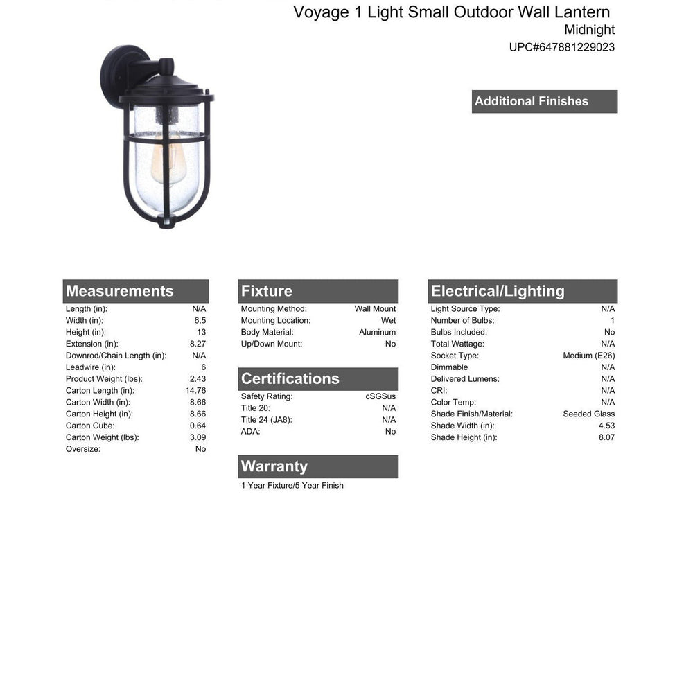 CRAFTMADE Voyage 1 Light Small Outdoor Wall Lantern in Midnight