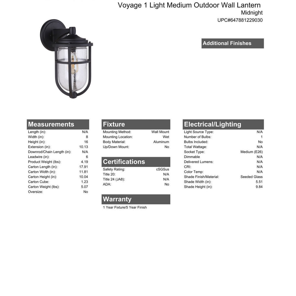 CRAFTMADE Voyage 1 Light Medium Outdoor Wall Lantern in Midnight