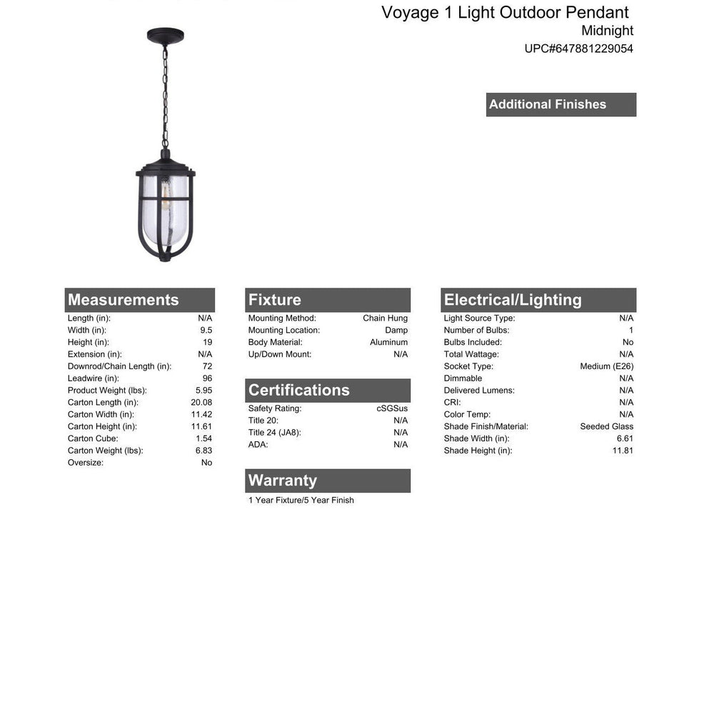 CRAFTMADE Voyage 1 Light Outdoor Pendant in Midnight