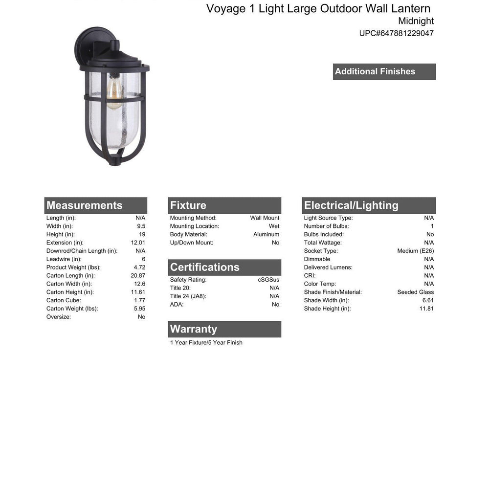 CRAFTMADE Voyage 1 Light Large Outdoor Wall Lantern in Midnight