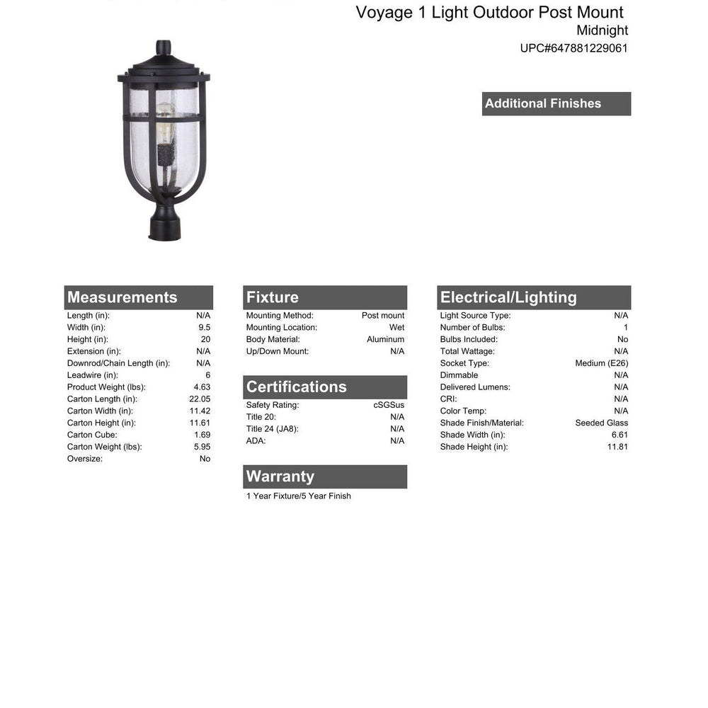 CRAFTMADE Voyage 1 Light Outdoor Post Lantern in Midnight