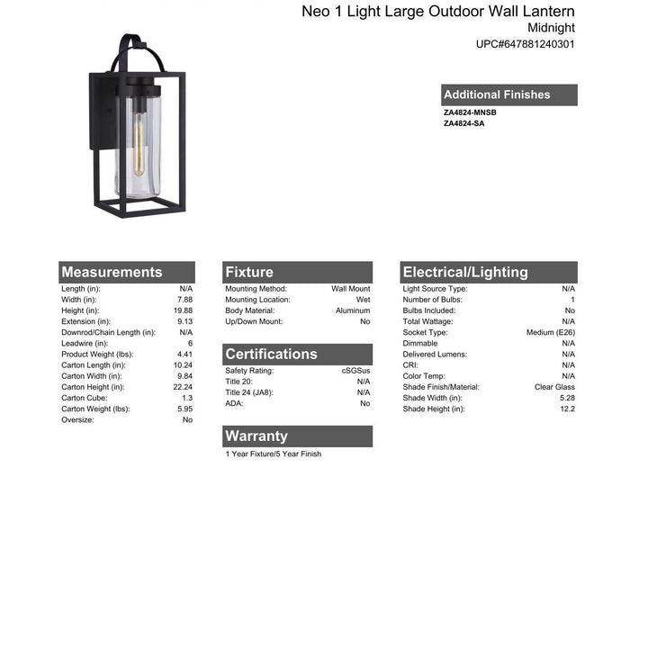 CRAFTMADE Neo 1 Light Large Outdoor Wall Lantern in Midnight