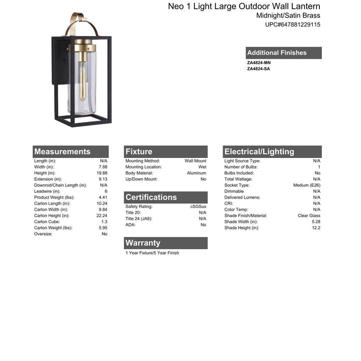 CRAFTMADE Neo 1 Light Large Outdoor Wall Lantern in Midnight/Satin Brass