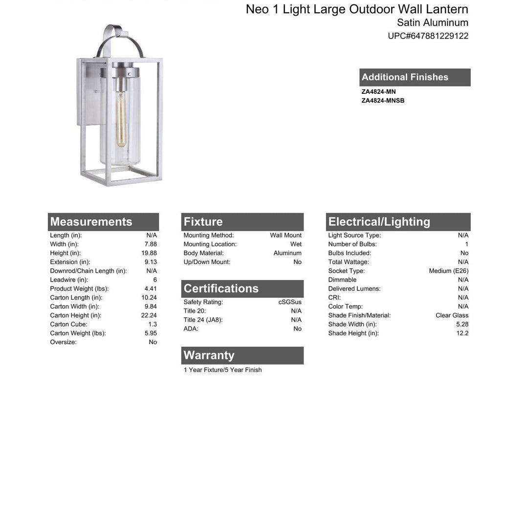 CRAFTMADE Neo 1 Light Large Outdoor Wall Lantern in Satin Aluminum